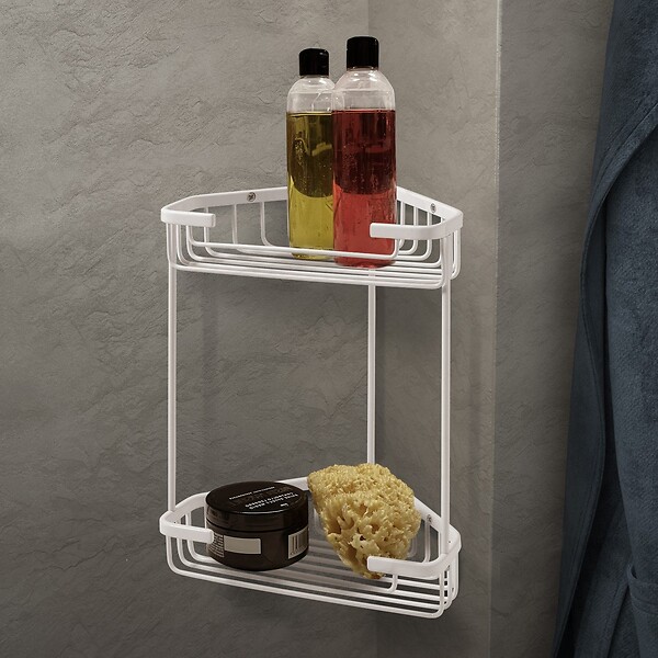 KIAMAMI VALENTINA - Étagère D’Angle De Douche À Deux Niveaux En Fil Blanc Mat | Augustus - large