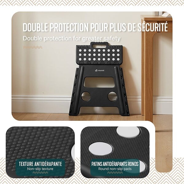 VOUNOT - Tabouret pliant antiderapant 37x30x32.5 cm plastique noir - large