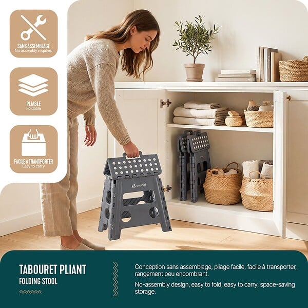 VOUNOT - Tabouret pliant antiderapant 37x30x32.5 cm plastique gris - large