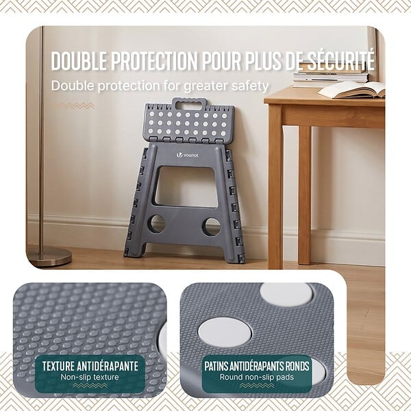 VOUNOT - Tabouret pliant antiderapant 39x32x40 cm plastique gris - large
