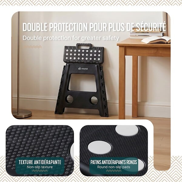 VOUNOT - Tabouret pliant antiderapant 39x32x40 cm plastique noir - large