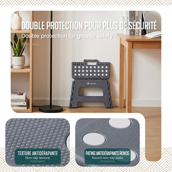 VOUNOT - Tabouret pliant antiderapant 32x25x22 cm plastique gris - large