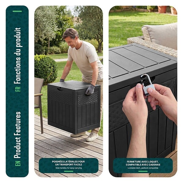 VOUNOT - Coffre de Rangement Exterieur 126L en PP 56x43x53CM Style Polyrotin Noir - large