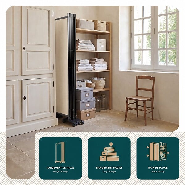 VOUNOT - Paravent interieur separateur avec roue 6 panneaux autoportant pliable 340 x 30 x 171 cm Beige - large
