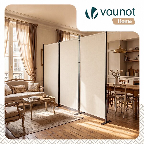 VOUNOT - Paravent interieur separateur 3 panneaux autoportant pliable 262 x 30 x 173 cm Beige - large