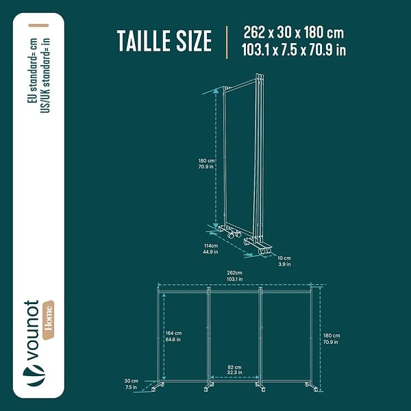 VOUNOT - Paravent interieur separateur avec roue 3 panneaux autoportant pliable 262 x 30 x 180 cm Anthracite - large