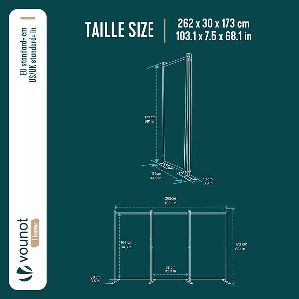 VOUNOT - Paravent interieur separateur 3 panneaux autoportant pliable 262 x 30 x 173 cm Anthracite - large