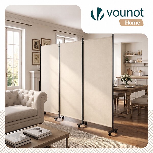 VOUNOT - Paravent interieur separateur avec roue 3 panneaux autoportant pliable 262 x 30 x 180 cm Beige - large