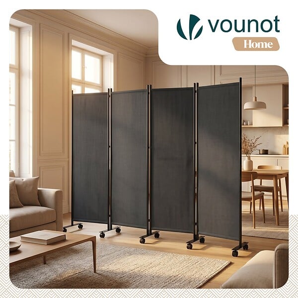VOUNOT - Paravent interieur separateur avec roue 4 panneaux autoportant pliable 228x 30 x 171 cm Anthracite - large