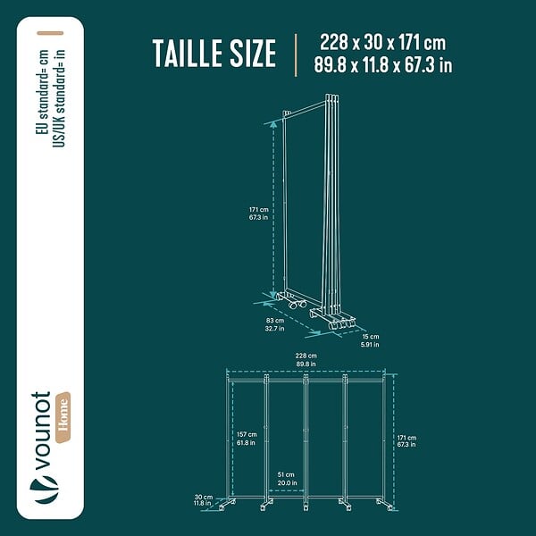 VOUNOT - Paravent interieur separateur avec roue 4 panneaux autoportant pliable 228x 30 x 171 cm Anthracite - large