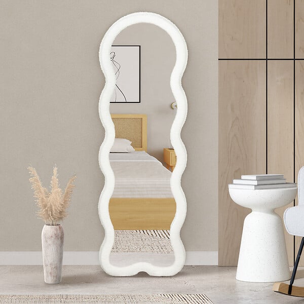 ID MARKET - Miroir vague en tissu bouclette crème 150 x 50 cm - large