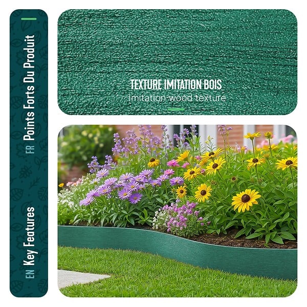 VOUNOT - Bordure de jardin PE haute flexible 10M avec piquets vert - large