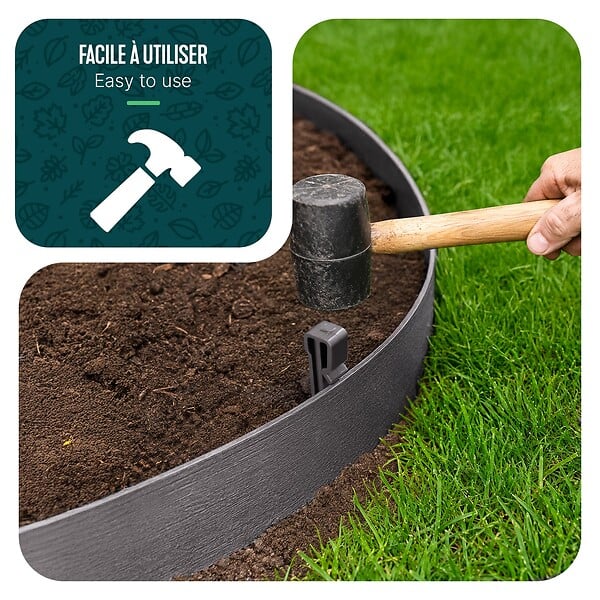 VOUNOT - Bordure de jardin PE haute flexible 10M avec piquets gris - large