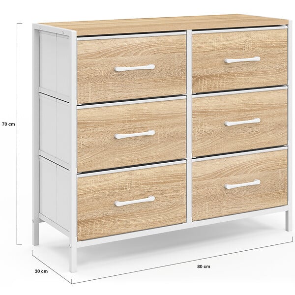 ID MARKET - Commode 6 tiroirs en tissu UTAH 80 cm meuble de rangement design industriel bois et blanc - large