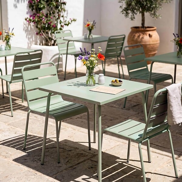 OVIALA - Ensemble table de jardin carrée et 2 chaises acier vert sauge - Palavas - large