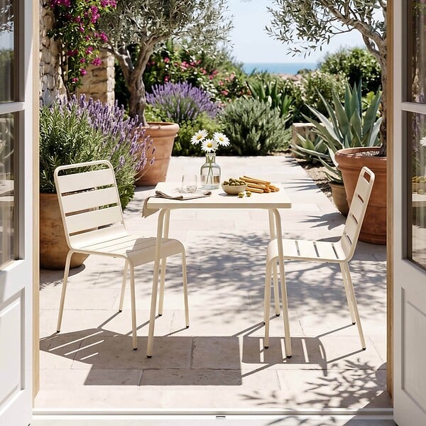 OVIALA - Ensemble table de jardin carrée et 2 chaises acier ivoire - Palavas - large