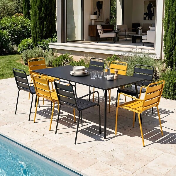 OVIALA - Ensemble table de jardin et 8 fauteuils en métal jaune et gris - Palavas - large
