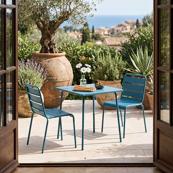 OVIALA - Ensemble table de jardin carrée et 2 chaises acier bleu pacific - Palavas - large