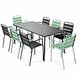 OVIALA - Ensemble table de jardin et 8 fauteuils en métal vert sauge et gris - Palavas - vignette