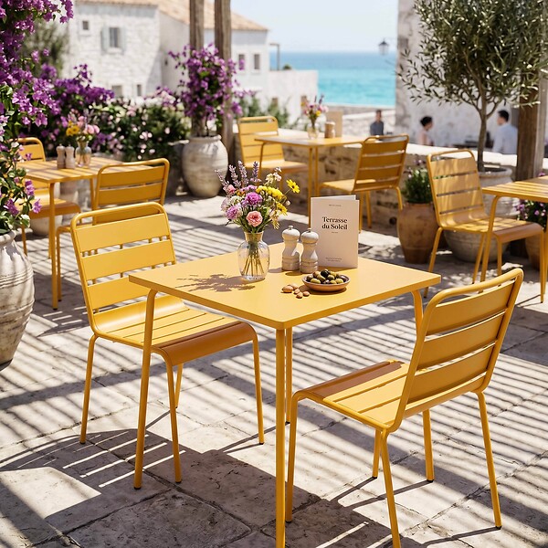 OVIALA - Ensemble table de jardin carrée et 2 chaises acier jaune - Palavas - large