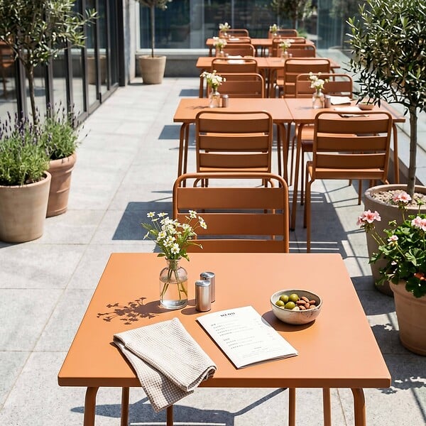 OVIALA - Ensemble table de jardin carrée et 2 chaises caramel - Palavas - large