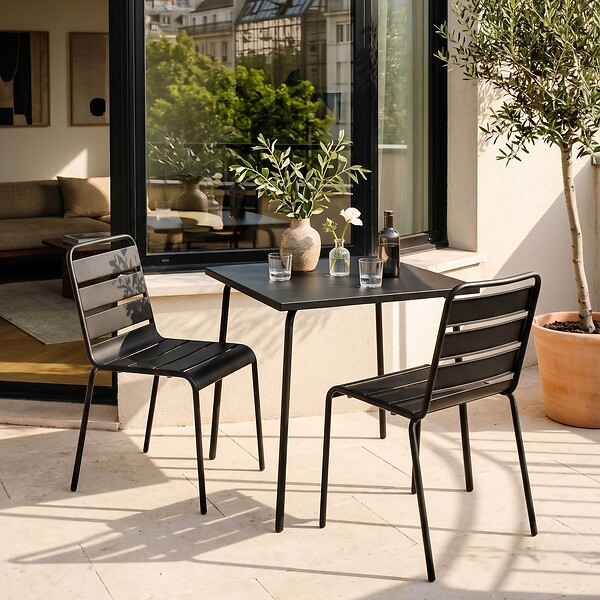 OVIALA - Ensemble table de jardin carrée et 2 chaises acier gris - Palavas - large