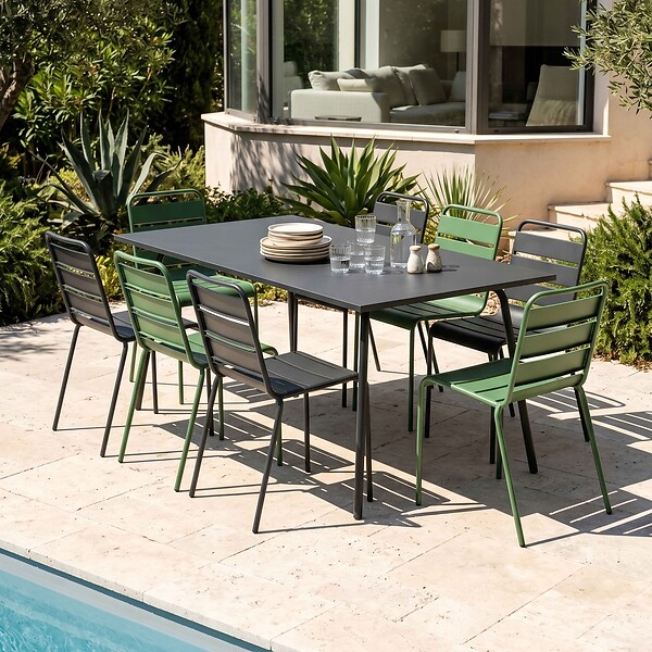 OVIALA - Ensemble table de jardin et 8 chaises en métal gris et vert cactus - Palavas - large