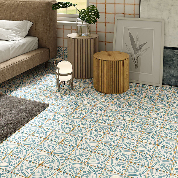 RO'MA NATURE - Carrelage effet Carreau ciment Narelis Bleu 12,3x12,3x0,87 cm Serano - Sol et mur intérieur (vendu par carton de 0,49 m²) - large