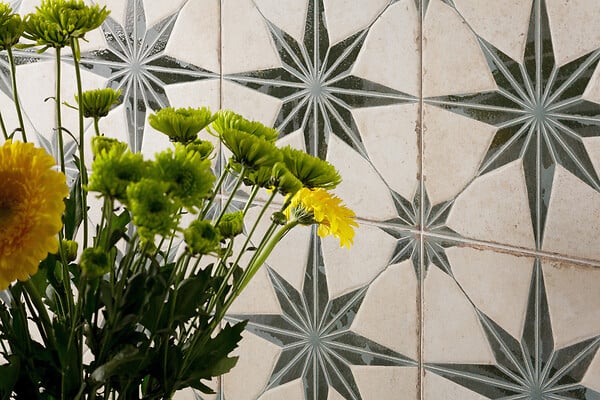 RO'MA NATURE - Carrelage Vintage effet Carreau ciment 3D Etoile Verte et Fond Blanc 22,3x22,3x0,9 cm Sparta - Sol et mur intérieur (vendu par carton de 0,65 m²) - large