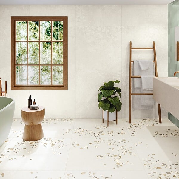 RO'MA NATURE - Carrelage effet Terrazzo Blanc Grisé 90x90x0,9 cm Alvior - Sol et mur intérieur (vendu par carton de 1,62 m²) - large