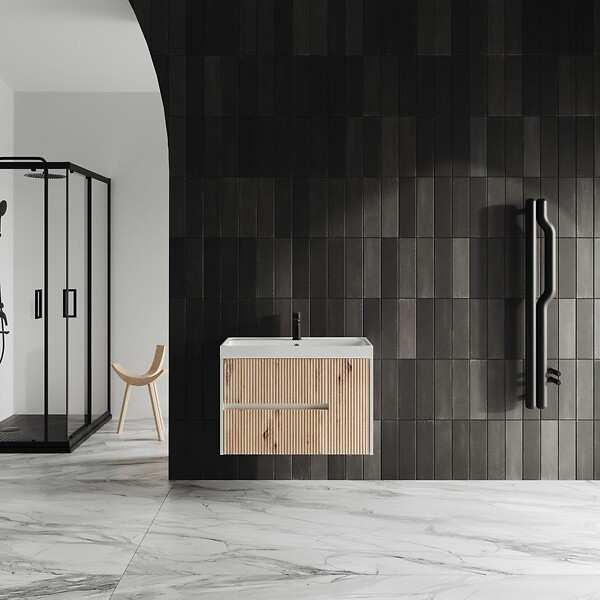 KIAMAMI VALENTINA - Meuble De Salle De Bains Avec Vasque 80Cm Chêne Doré Cannelé | Cortina - large