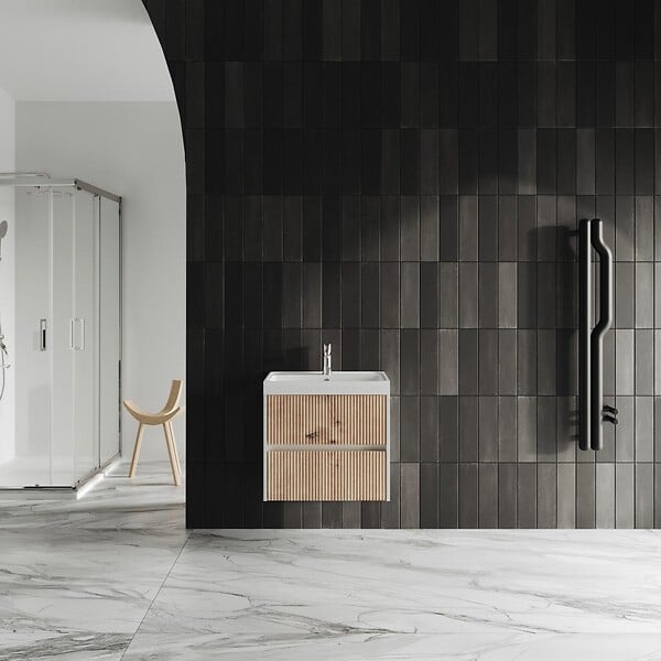 KIAMAMI VALENTINA - Meuble Suspendu Avec Lavabo 60Cm Chêne Doré Cannelé | Cortina - large
