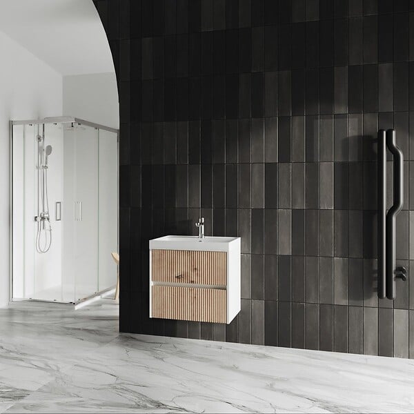 KIAMAMI VALENTINA - Meuble Suspendu Avec Lavabo 60Cm Chêne Doré Cannelé | Cortina - large