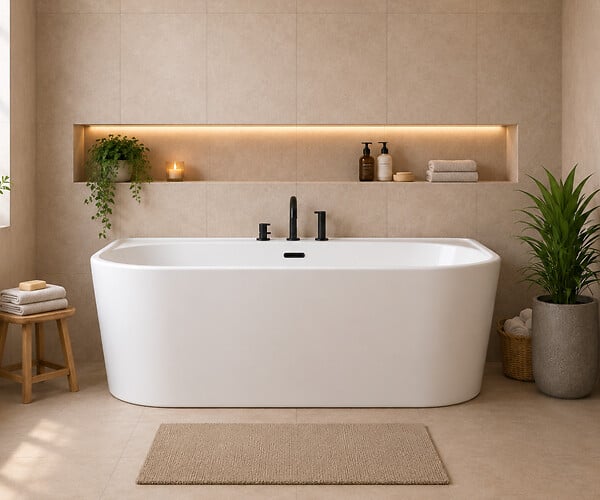 OTITEC - Baignoire ilot avec vidage - 170 x 75 cm - Blanc brillant avec bonde noire - OLIVIA - large