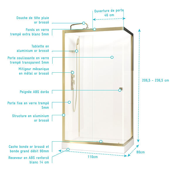 AURLANE - Cabine de douche Rectangle 110x80x206.5/236.5cm Blanche et Profilés Or Brossé - Receveur standard - large