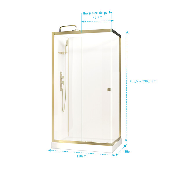 AURLANE - Cabine de douche Rectangle 110x80x206.5/236.5cm Blanche et Profilés Or Brossé - Receveur standard - large