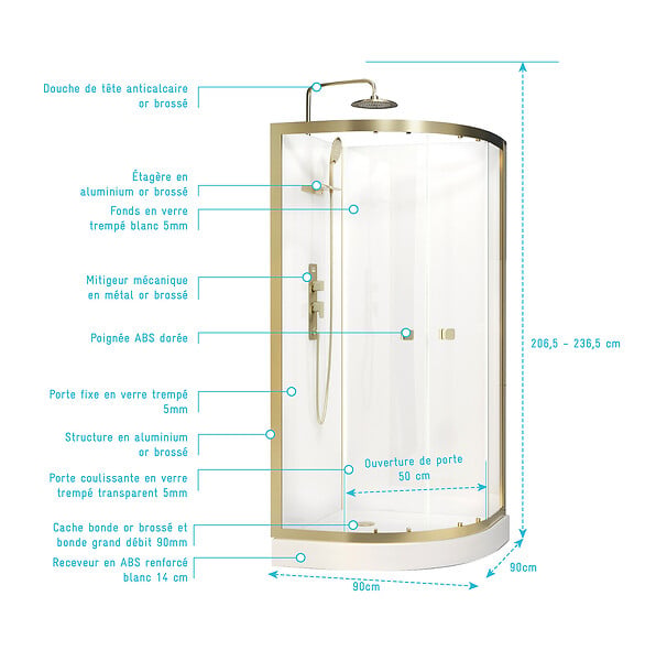 AURLANE - Cabine de douche 1/4 de cercle 90x90x206.5/236.5cm Blanche et Profilés Or Brossé - Receveur standard - large