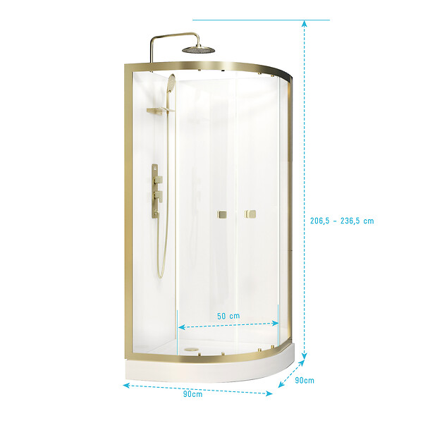 AURLANE - Cabine de douche 1/4 de cercle 90x90x206.5/236.5cm Blanche et Profilés Or Brossé - Receveur standard - large