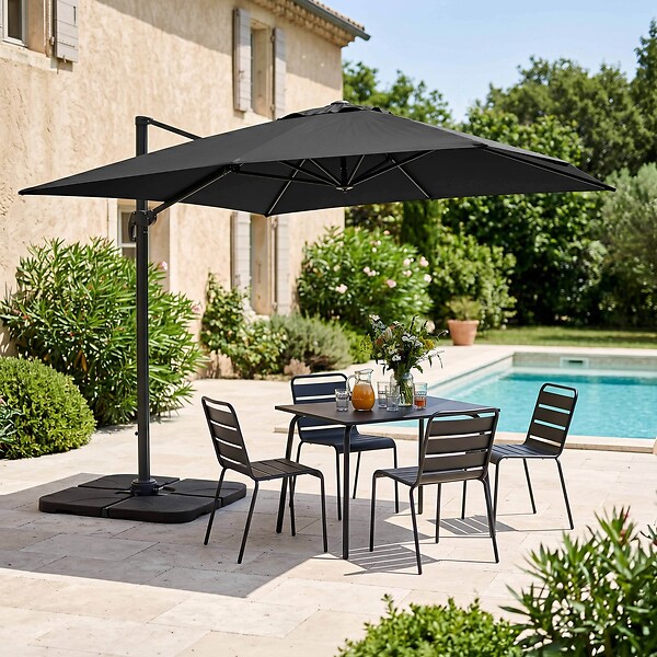 OVIALA - Parasol déporté 4x3 m 360° inclinable + 4 dalles à lester gris - Caserta - large