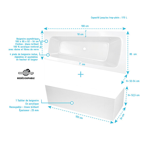 ALLIBERT - Pack Baignoire Asymétrique Gauche 160x85x54 cm avec Tablier recoupable - Blanc Brillant - MARINA - large