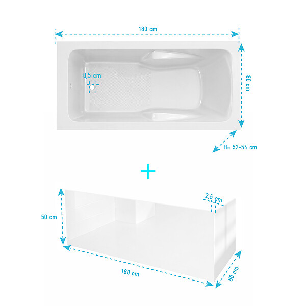 ALLIBERT - Pack Baignoire 180x80cm avec Zone Douche et Tabliers recoupables de 180 et 80cm Blanc Brillant - MAE - large