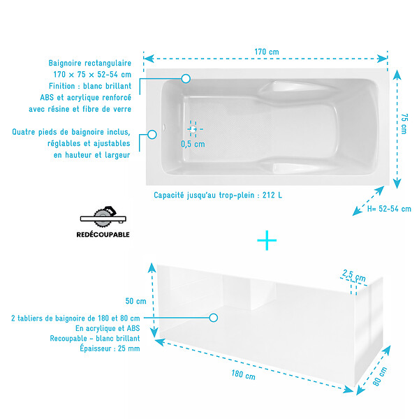 ALLIBERT - Pack Baignoire 170x75cm avec Zone Douche et Tabliers recoupables de 180 et 80cm Blanc Brillant - MAE - large