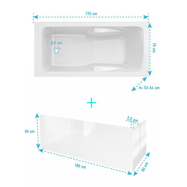 ALLIBERT - Pack Baignoire 170x75cm avec Zone Douche et Tabliers recoupables de 180 et 80cm Blanc Brillant - MAE - large