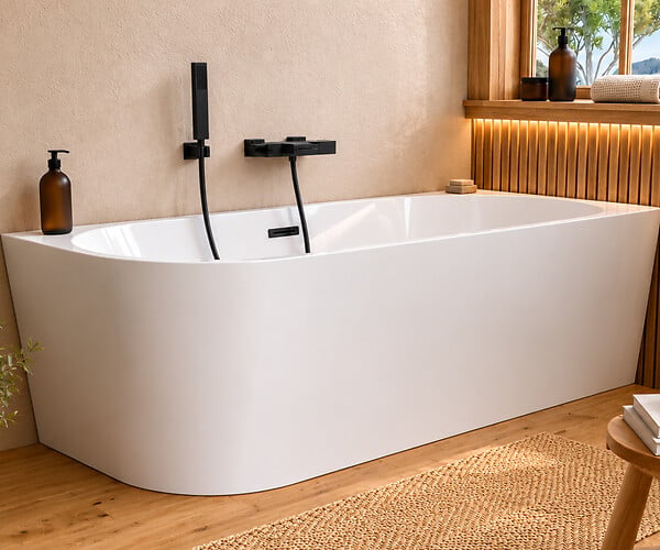 OTITEC - Baignoire d'angle droite avec vidage - 170 x 75 cm - Blanc brillant avec bonde noire - LUXA - large