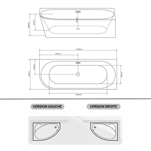 OTITEC - Baignoire d'angle gauche avec vidage - 170 x 75 cm - Blanc brillant avec bonde blanche - LUXA - large