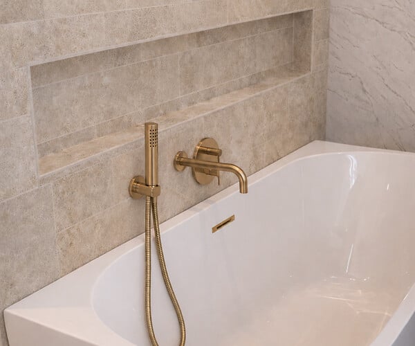 OTITEC - Baignoire d'angle droite avec vidage - 160 x 75 cm - Blanc brillant avec bonde doré brossé - LUXA - large