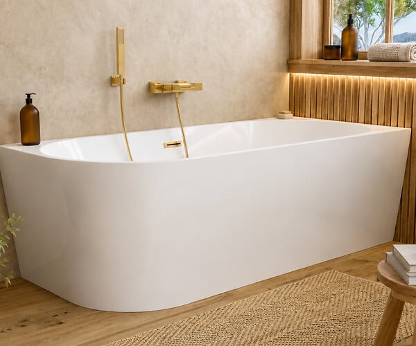 OTITEC - Baignoire d'angle gauche avec vidage - 170 x 75 cm - Blanc brillant avec bonde doré brossé - LUXA - large
