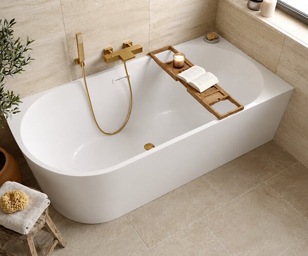 OTITEC - Baignoire d'angle gauche avec vidage - 170 x 75 cm - Blanc brillant avec bonde doré brossé - LUXA - large