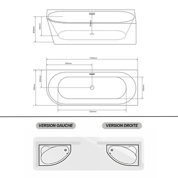 OTITEC - Baignoire d'angle gauche avec vidage - 170 x 75 cm - Blanc brillant avec bonde doré brossé - LUXA - large