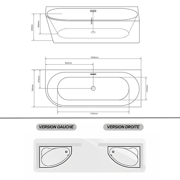 OTITEC - Baignoire d'angle gauche avec vidage - 160 x 75 x 61 cm - Blanc brillant avec bonde blanche - LUXA - large